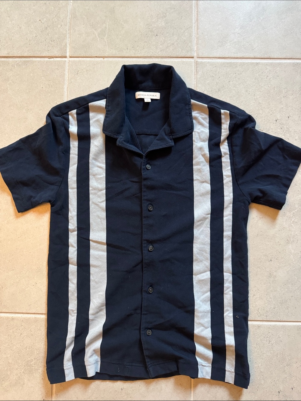 Banana Republic Navy Short-Sleeve Button Shirt with Gray Stripes